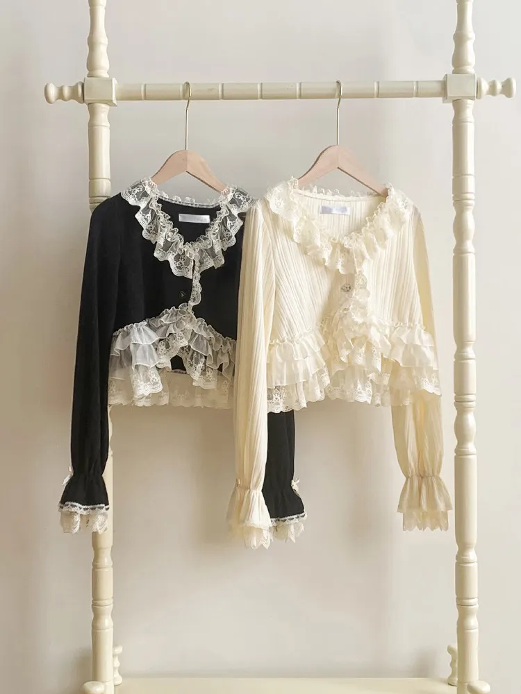 

Withpuji Original Sweet Lolita Lace Trim Cropped Cardigan Ruffled Long Sleeve Bolero Shrug For Women And Girls