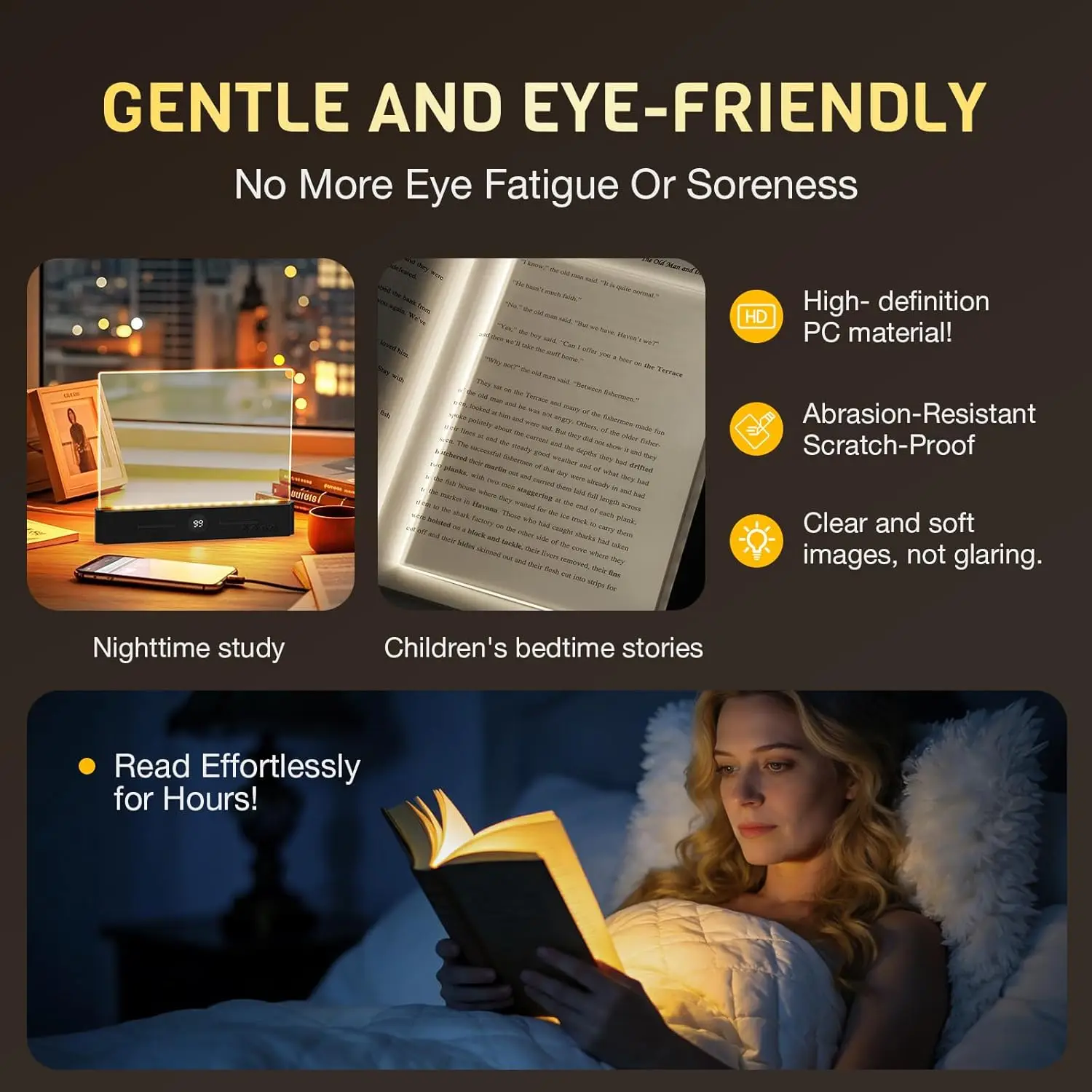LED Book Light, Rechargeable Clear LED Flat Reading Light with 3 Colors & Timer, Dimmable Panel Plate Lamp Book Full Page Light