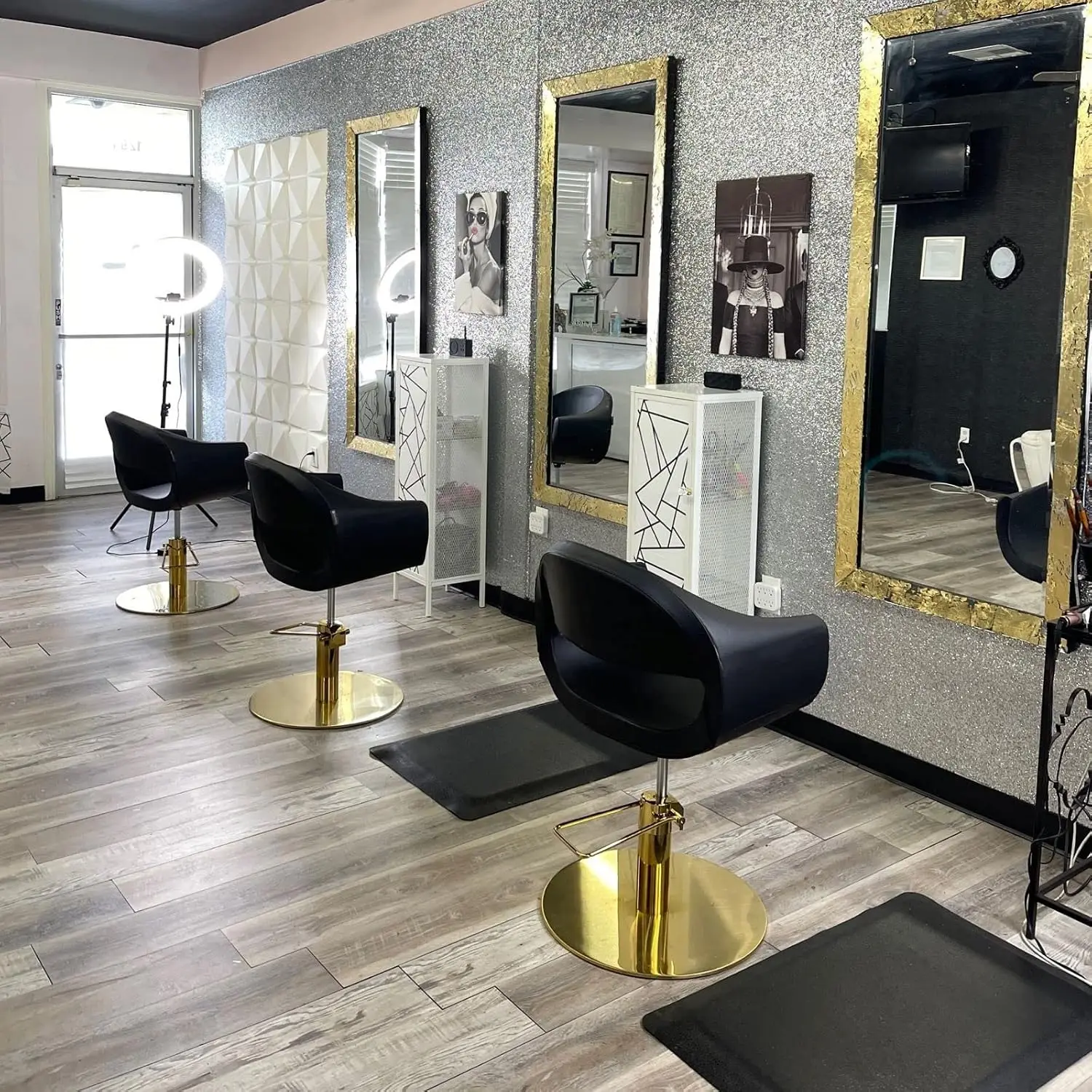 Salon Styling Chair Black Seat Gold Base, Beauty Barbershop Hair Studio Professional Furniture Equipment, Customized