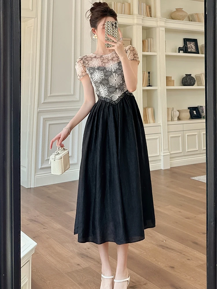 فستان رائع مثير للحفلات المسائية للنساء صدرية من الدانتيل مُزينة بنقشة الزهور بقماش شفاف رداء نسائي أنيق مستوحى من الطراز البهجة #5