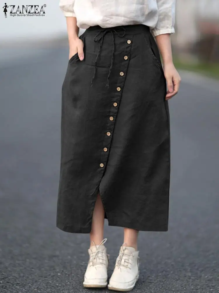 ZANZEA 2023 Autumn Vintage Elastic Waist Solid Midi Skirts Women Casual Split Hem Party Skirt Retro Cotton Faldas Saia Work Jupe