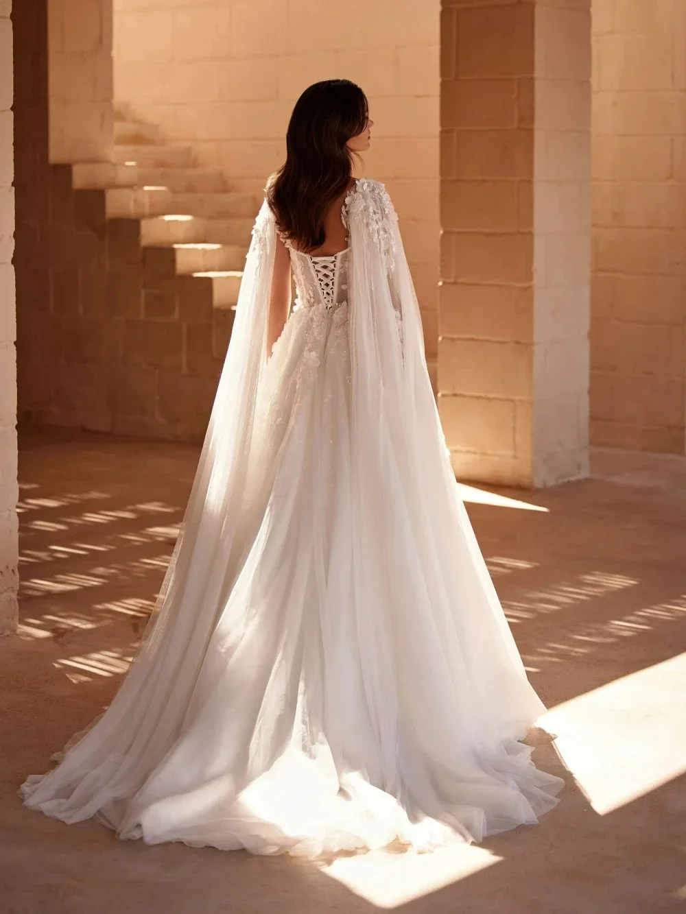 Customized Dreamy Beaded 3D Flower Wedding Dress With Cape Sleeve Graceful A-line Long Bridal Gown New Dresses For Bride