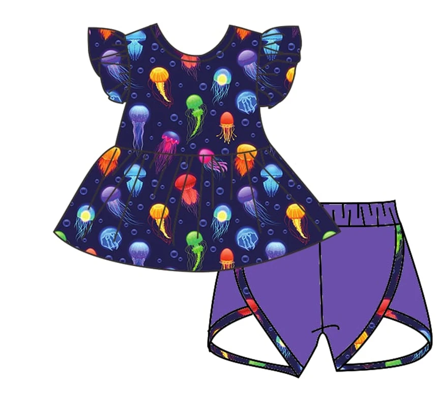 Wholesale Children's Clothing Jellyfish Pattern Short Sleeve Shorts Set Baby Boy Clothes Infant Girl Sets Summer Kids Clothes