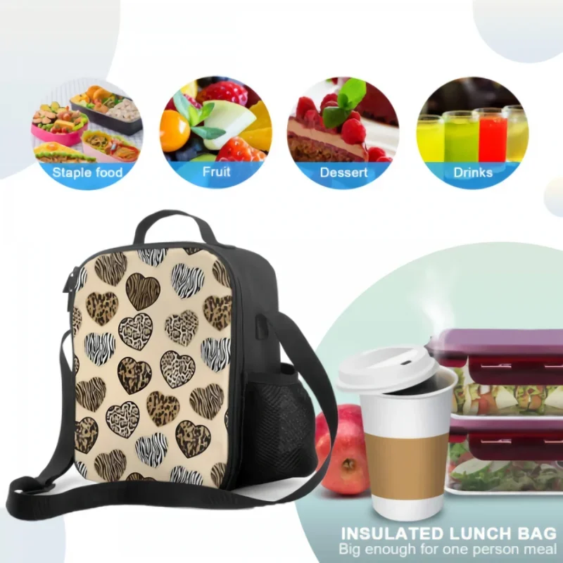 Luipaard Zebra Print Hart Vormen Patroon Geïsoleerde Thermische Lunch Tassen Voor Jongens Meisjes Wasbare Draagtas Lunchcontainer Voor Reizen