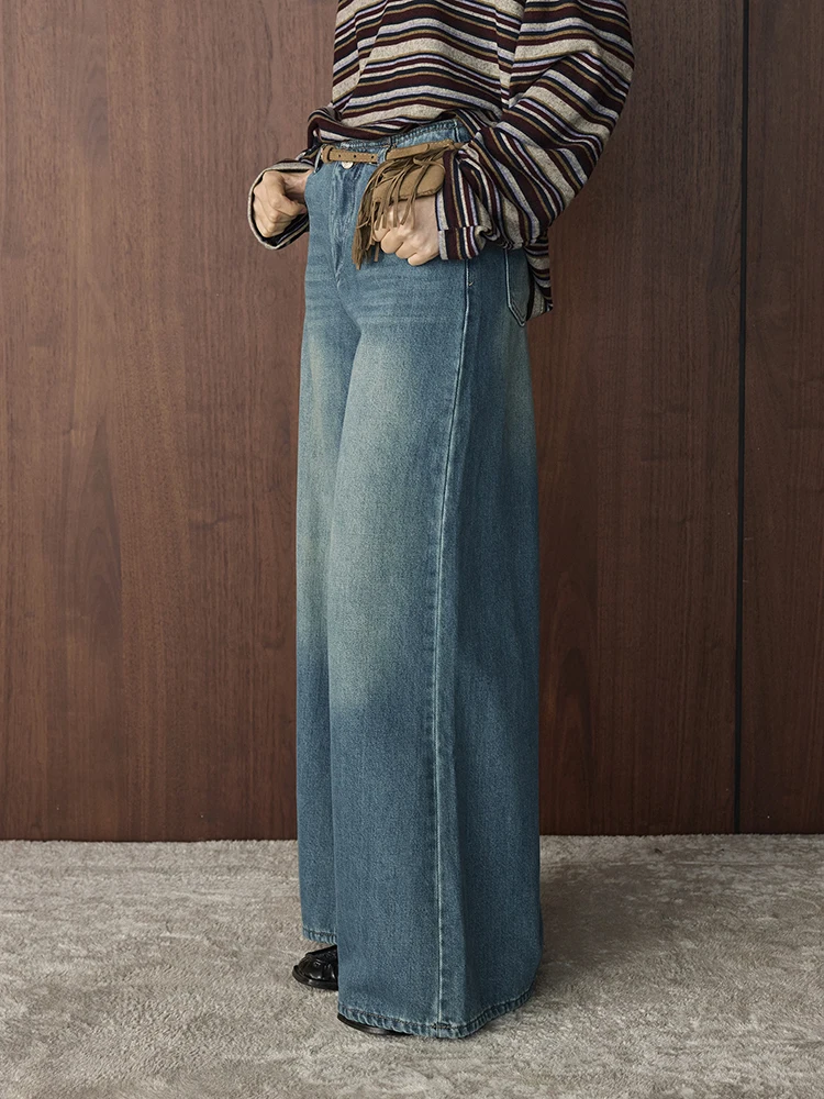 FANAN Vintage Gewaschene Jeans Für Frauen Hohe Taille Gerade Breite Bein Denim Hosen Büro Dame Lose Hosen Mode Winter Neue