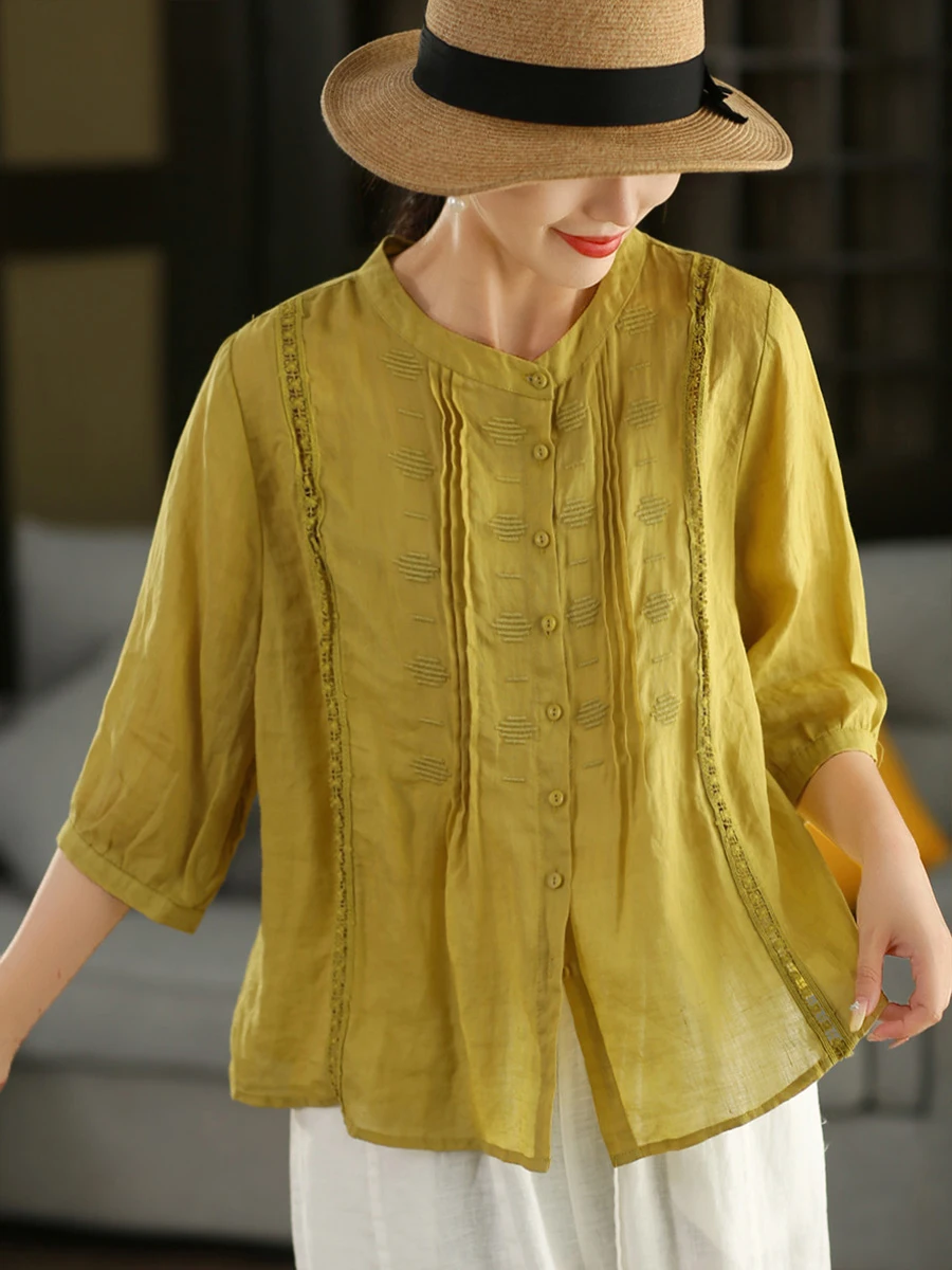 

Ретро вышитый ажурный 00% льняной воротник-стойка средний све Топ Ele Летний женский деловой повседневный свободный крой