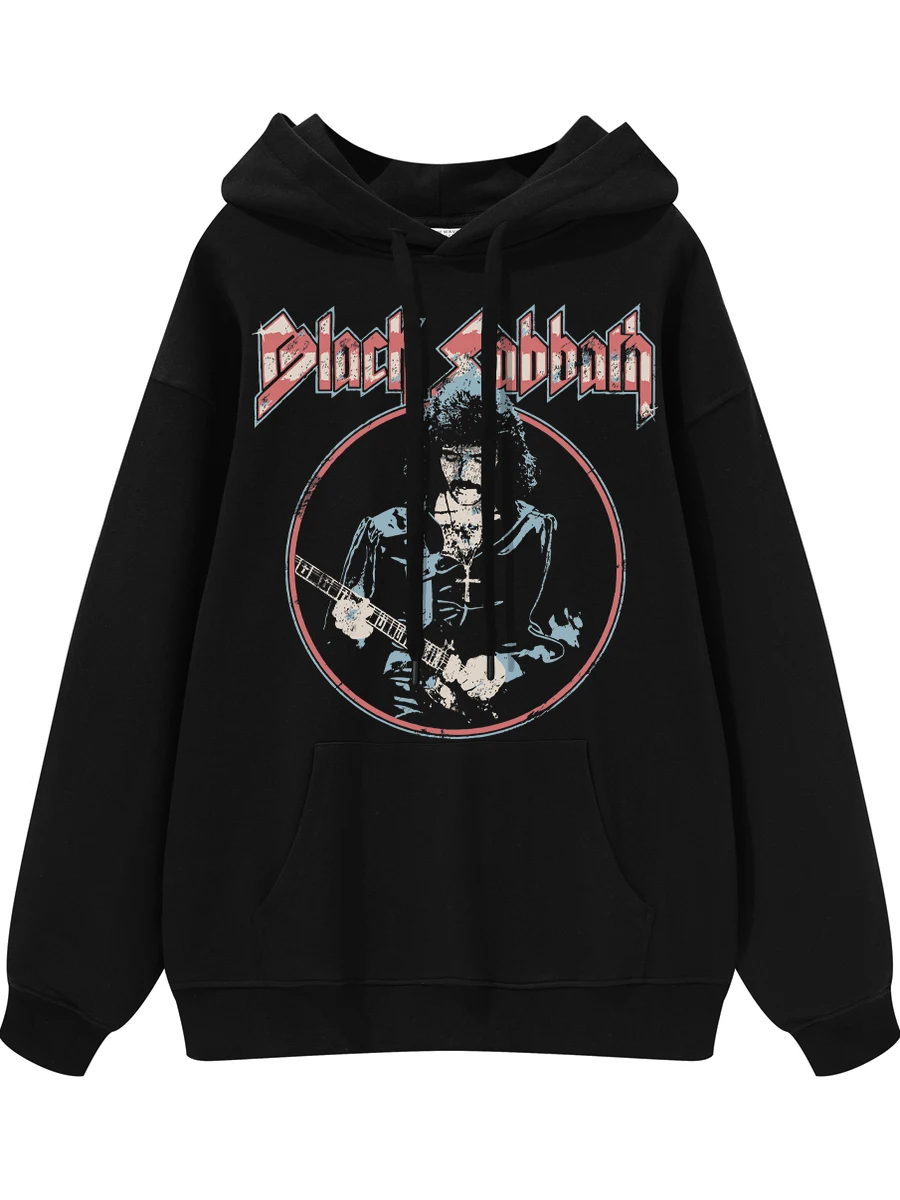 Black Digital Direct Spray Retro Loose Hoodie Sweatshirt for Youth Autumn Breathable Long Sleeve round Neck Music Rock Style