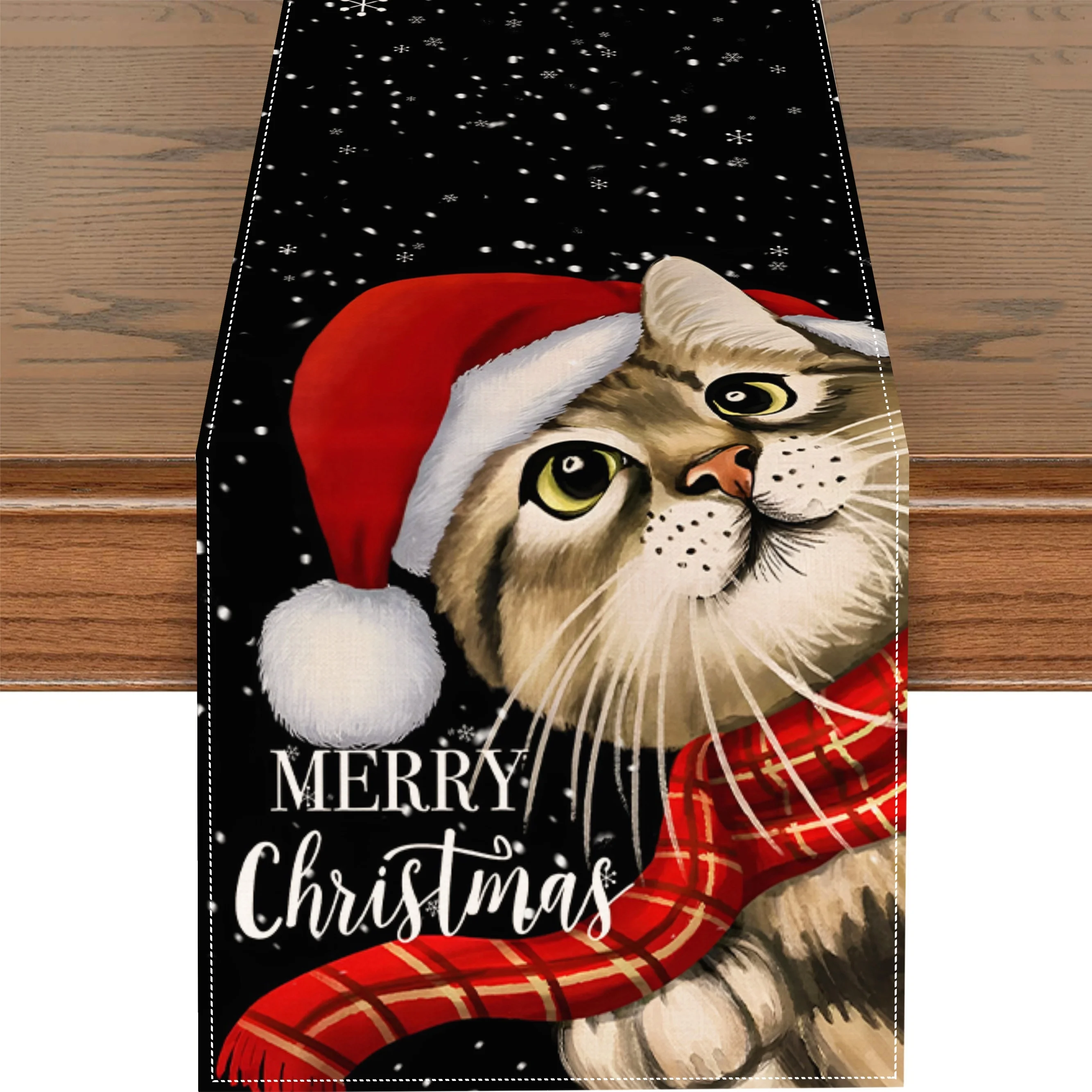 1 fröhliche Tischplatte „Merry Christmas“-Katzen-Tischläufer, festliche Tischdekoration aus Leinen, verwendet für drinnen und draußen, verschiedene Größen erhältlich