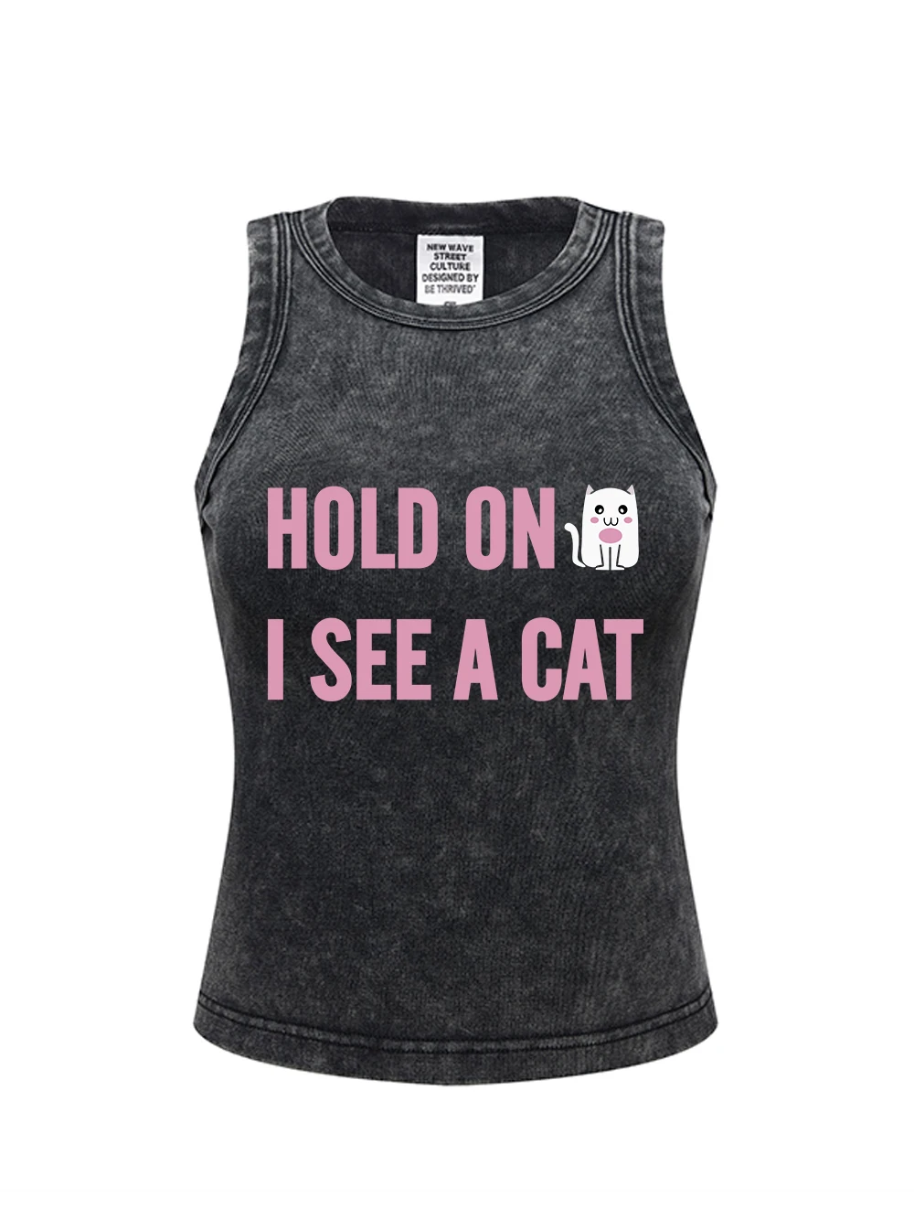 

Hold On I See A Cat Print Vest Tops Уличная женская хлопковая стираная футболка Узкая винтажная майка с потертостями Летняя женская одежда