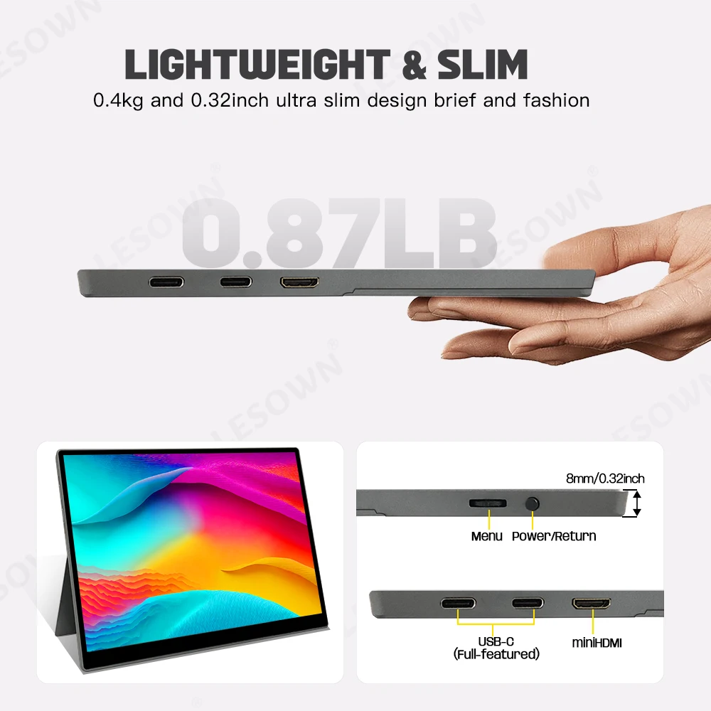 LESOWN Additional Touch Monitor 10.5in 1920×1280 IPS Side Screen Type C HDMI Auxiliary Second Monitor for Windows 7/8/10 mac OS