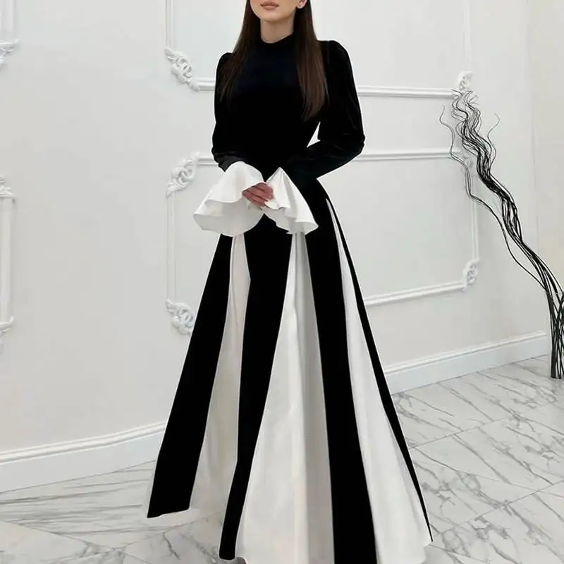 

Elegant Flared Sleeve Color Blocked Patchwork Long New Fall High Waist Evening Party Temperament O Neck Velvet Dress