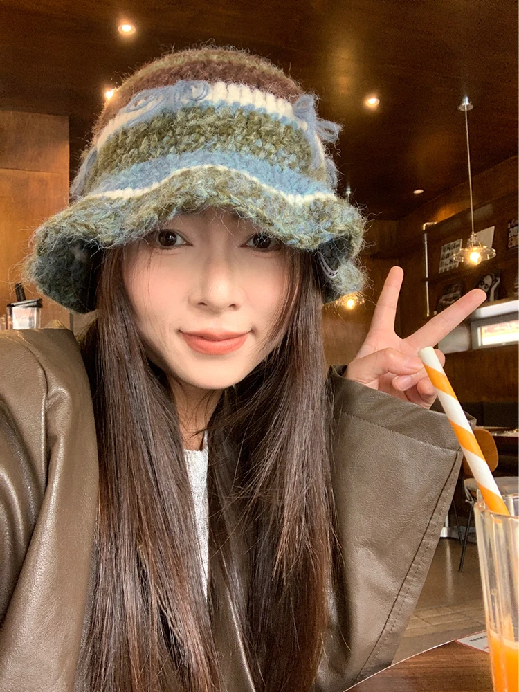 Retro Knitted Fisherman Hat with  Bow for Women Autumn Winter Versatile Sweet Looking Small Face Effect Woolen Cap