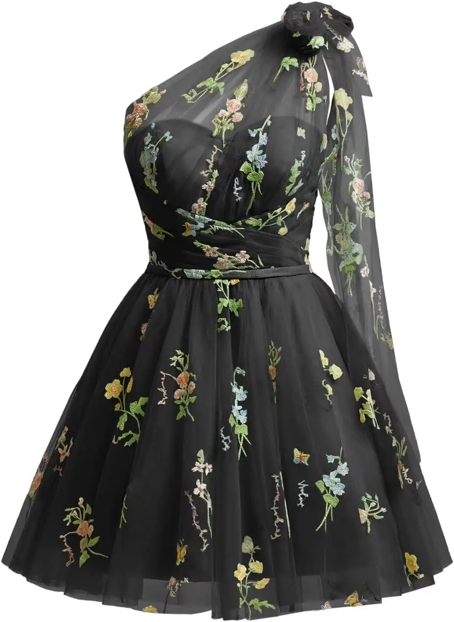 

Платья для встречи выпускников для подростков Платье для выпускного вечера с цветочной вышивкой Короткие коктейльные платья на одно плечо Платье из тюля Короткое платье для выпускного вечера