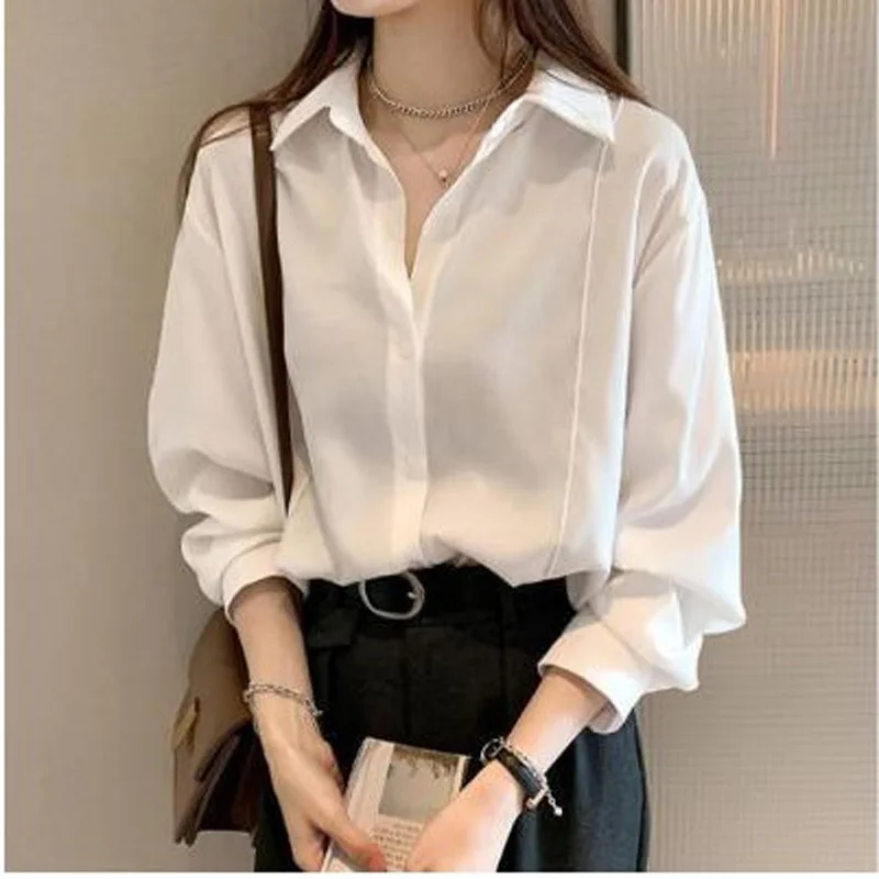 Women\'s shirt white plain color loose oversized blouse women\'s Button blouse loose Korean 4 Colors M-4XL