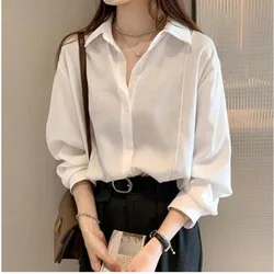 Women's shirt white plain color loose oversized blouse women's Button blouse loose Korean 4 Colors M-4XL