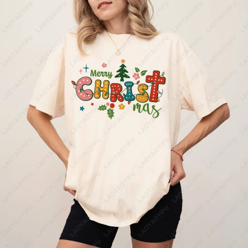 Christian Boho Men Women Cotton Tee Merry Christmas Religion Style Tops Simple Cute Letters Casual Comfortable Breathable Tshirt