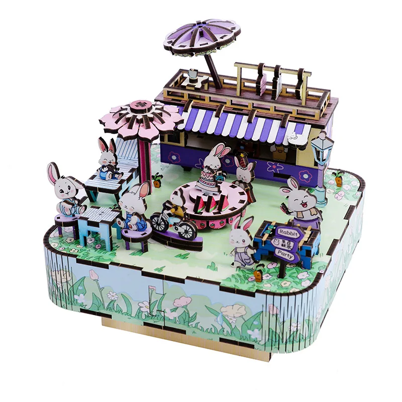 Boîte à musique lapin en bois 3D, bricolage, fête d'anniversaire, Kits de modèles miniatures, puzzle pouvant bouger pour amis, cadeaux, décoration de la maison