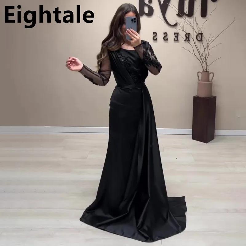 Eightale Black Mermaid Evening Dress Long Sleeve Luxury Appliques Beads Floor Length Formal Prom Party Gown Customized 