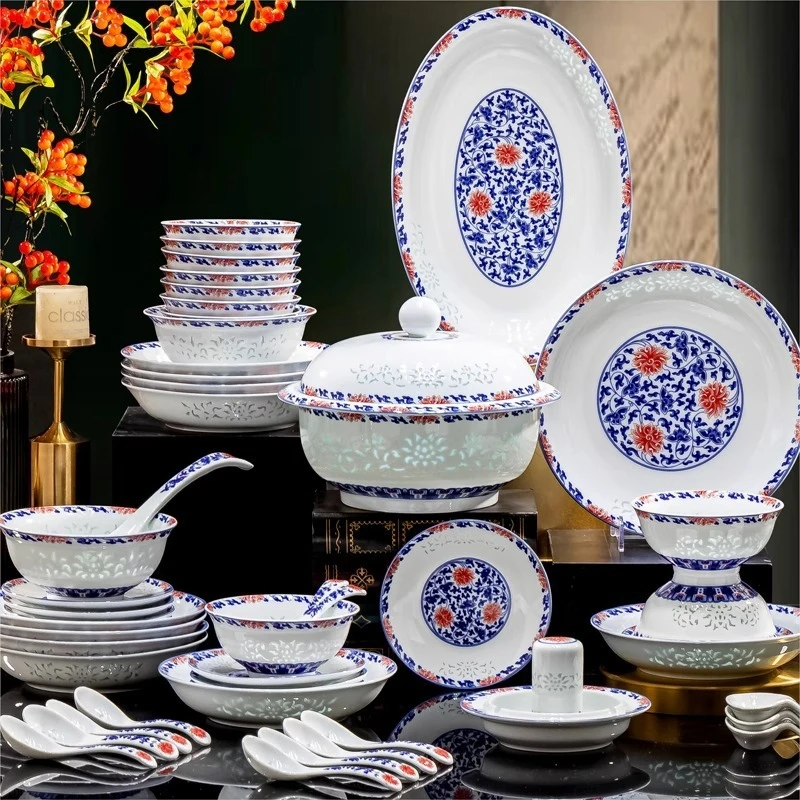 

68 pieces glazed medium and high-grade Chinese style, high white porcelain tableware bowl set