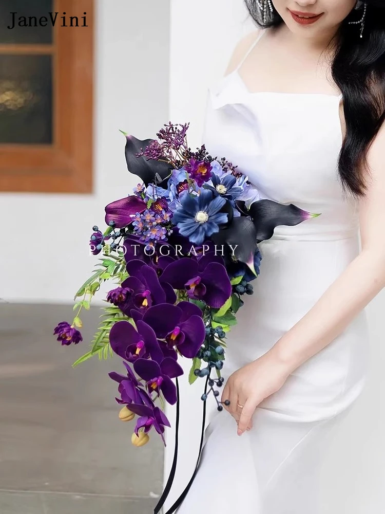 JaneVini Fashion Purple Waterfall Bridal Bouquets Wedding Silk Flowers Artificial Butterfly Orchid Cascading Bouquet for Bride