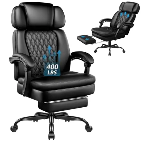 Office Chair with Foot Rest 400lbs, High Back Leather Office Chair Big and Tall, Heavy Duty Ergonomic Executive Desk