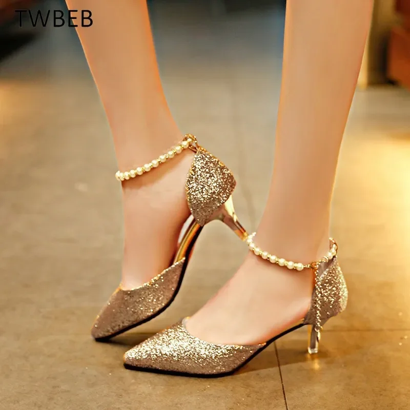 Sexy Pointed Toe Pearl High Heels Shoes Female Fashion Hollow with Sandals Paillette of The Thin Breathable Shoe Women Pumps