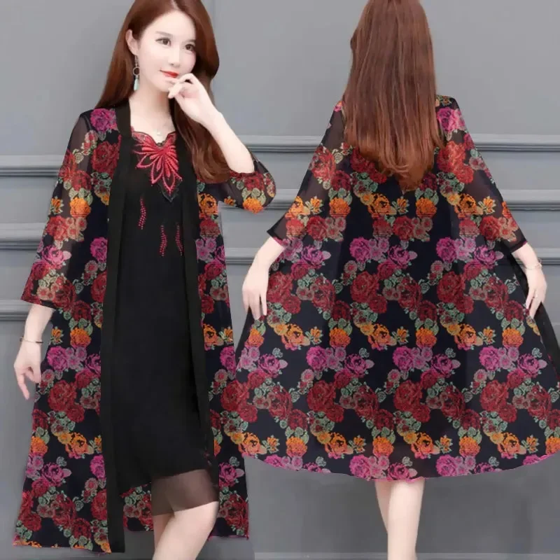 2023 Summer New Female Coat Mid Length Vintage Qipao Mom's Sunscreen Clothing Women's Outer Wear Thin Style