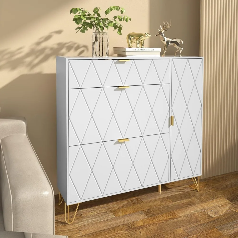 

Free Standing Shoe Storage Cabinet with Flip Drawers and Shelves, Narrow Organizer for Entryway, Modern White