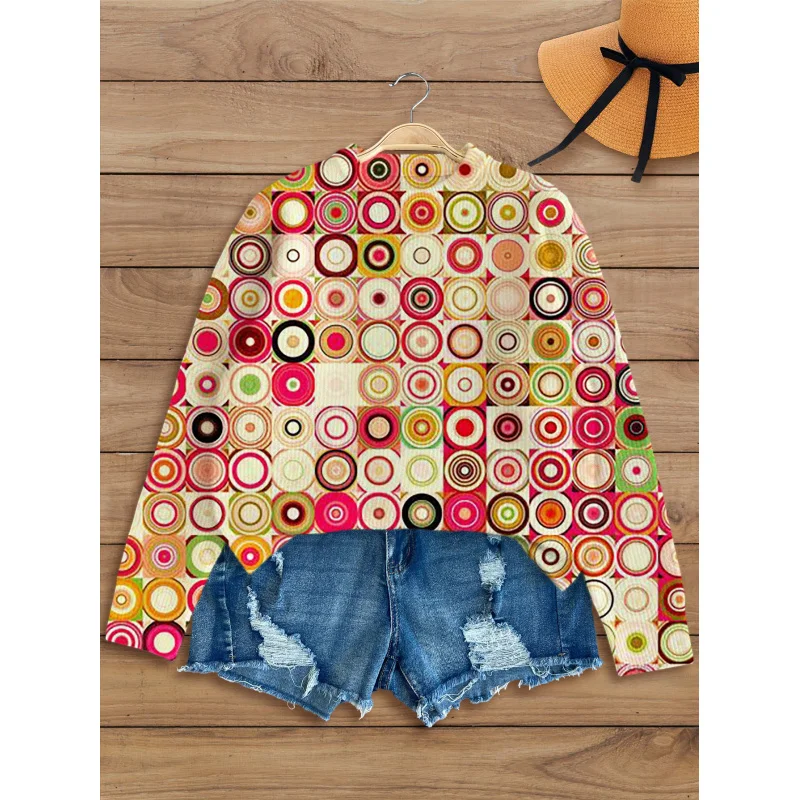 

Checkered Vintage Patchwork Digital Print Women's Knit Pullover Thick, Loose-Fit Crew Neck Long Sleeve Fall/Winter Casual Style