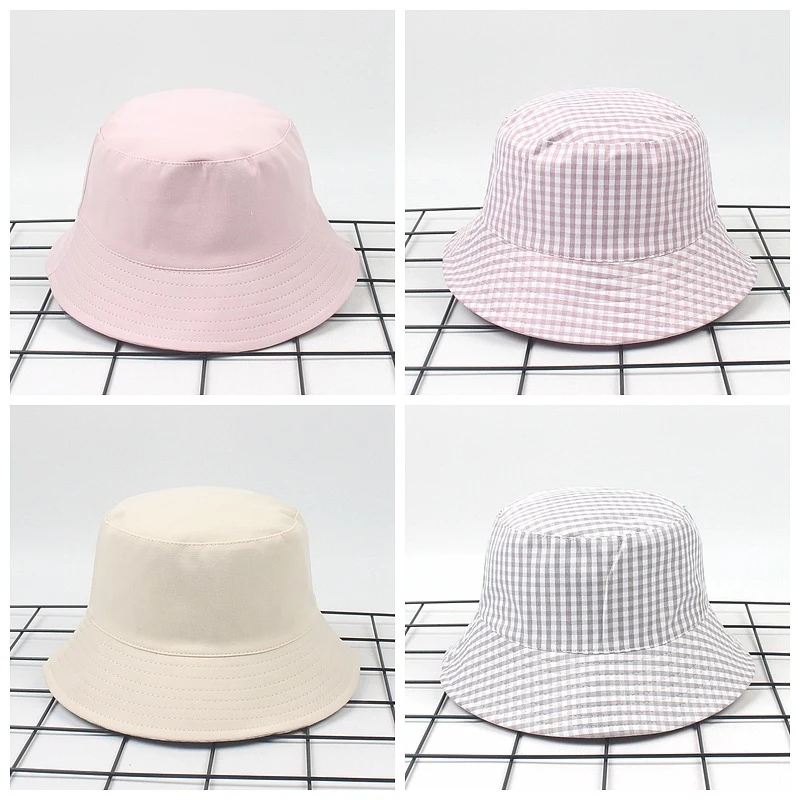 Summer Gingham Plaid Bucket Hat Unisex Reversible Cotton Sun Cap Foldable Casual Beach Fishing Hats for Women Men