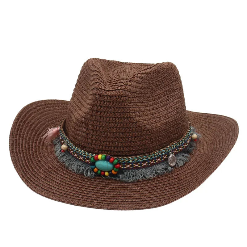 

Straw Western Cowboy Summer Sunscreen Hat Women Bohemian Tassel Emerald Decorate Panama Hats Cowgirl Retro Knight Hats for Men