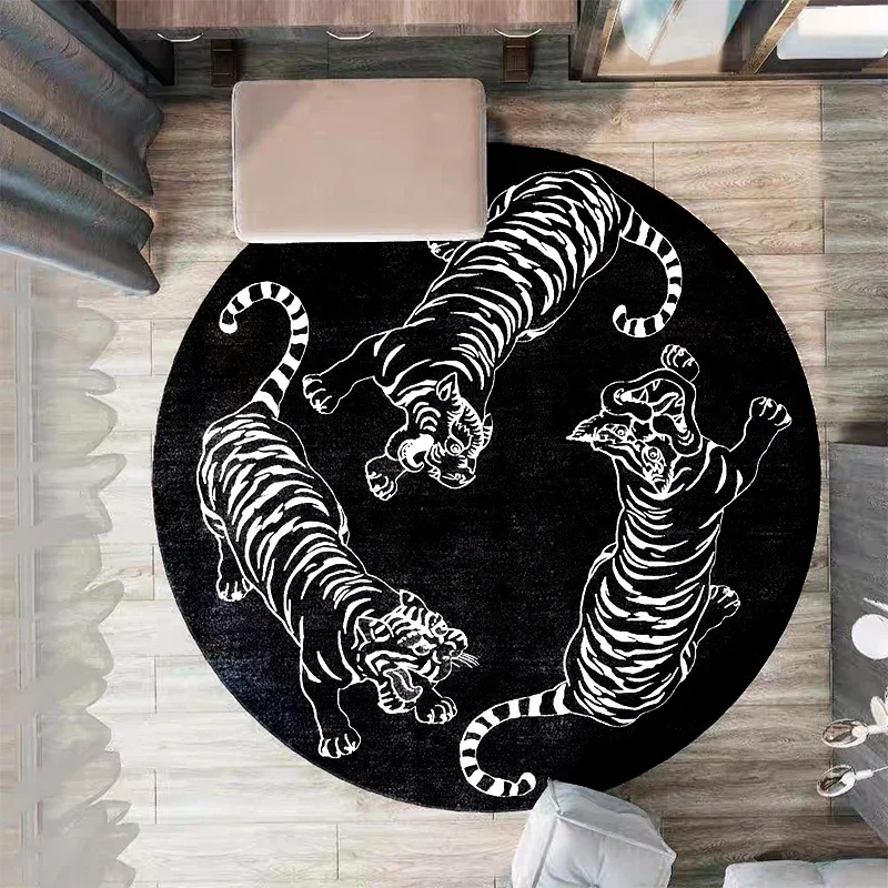 Chinese Style Black White Living Room Decoration Round Carpet Abstract Tiger Rugs for Bedroom Fluffy Soft Home Lounge Plush Rug