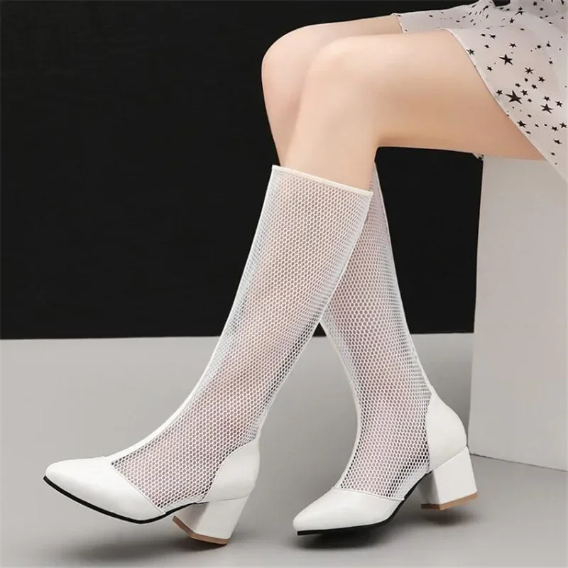 Summer New pattern fashion Round head Mesh surface High-heeled High cylinder Cool boots white Gauze Ventilation Women sandals