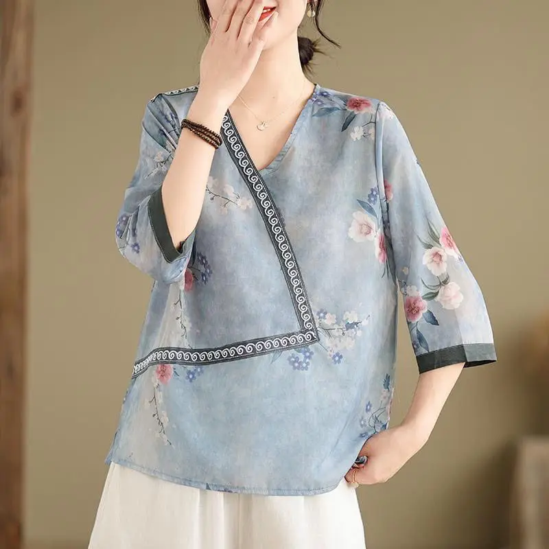 Women's Summer Chiffon V-Neck Pullover Patchwork Short Sleeve Flower Printing Tie Dye T-shirt Loose Elegant Basic Fashion Tops