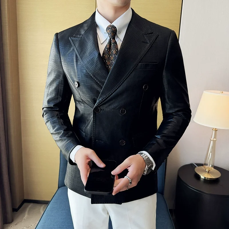 High Quality Square Grid Double Breasted Leather Jacket Fashion Business Slim Fit Casual Men Suit Blazer Tuxedos Men Clothing