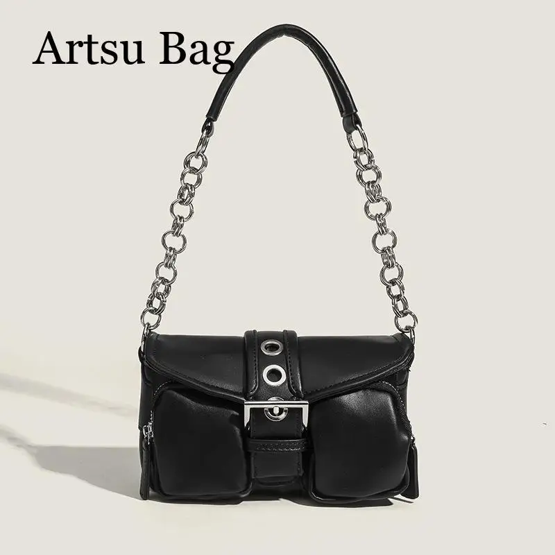 2024 New Fashion Y2K Black Hobos Bag Vintage Ring Style Underarm Bag Women Shoulder Bag High Quality Chain Small Handbag