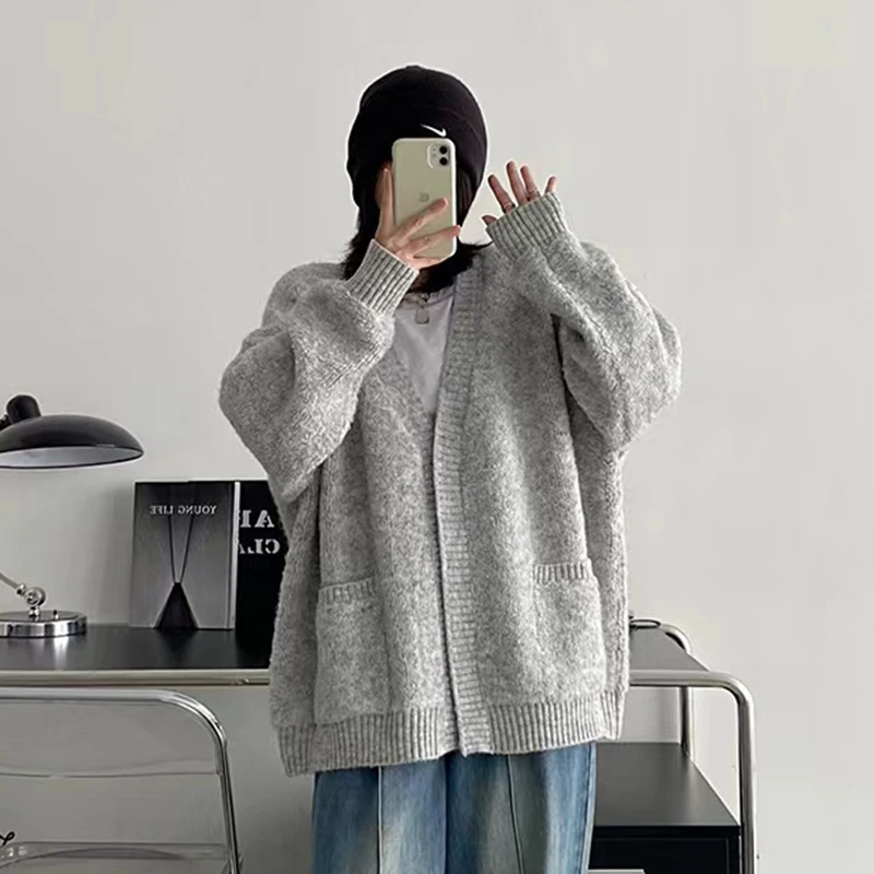 Female Gray Knitting Sweater Cardigan Harajuku Lazy Style Loose Soft Knit Cardigans Y2K Ladies All-Match Pockets Knitwear Coat