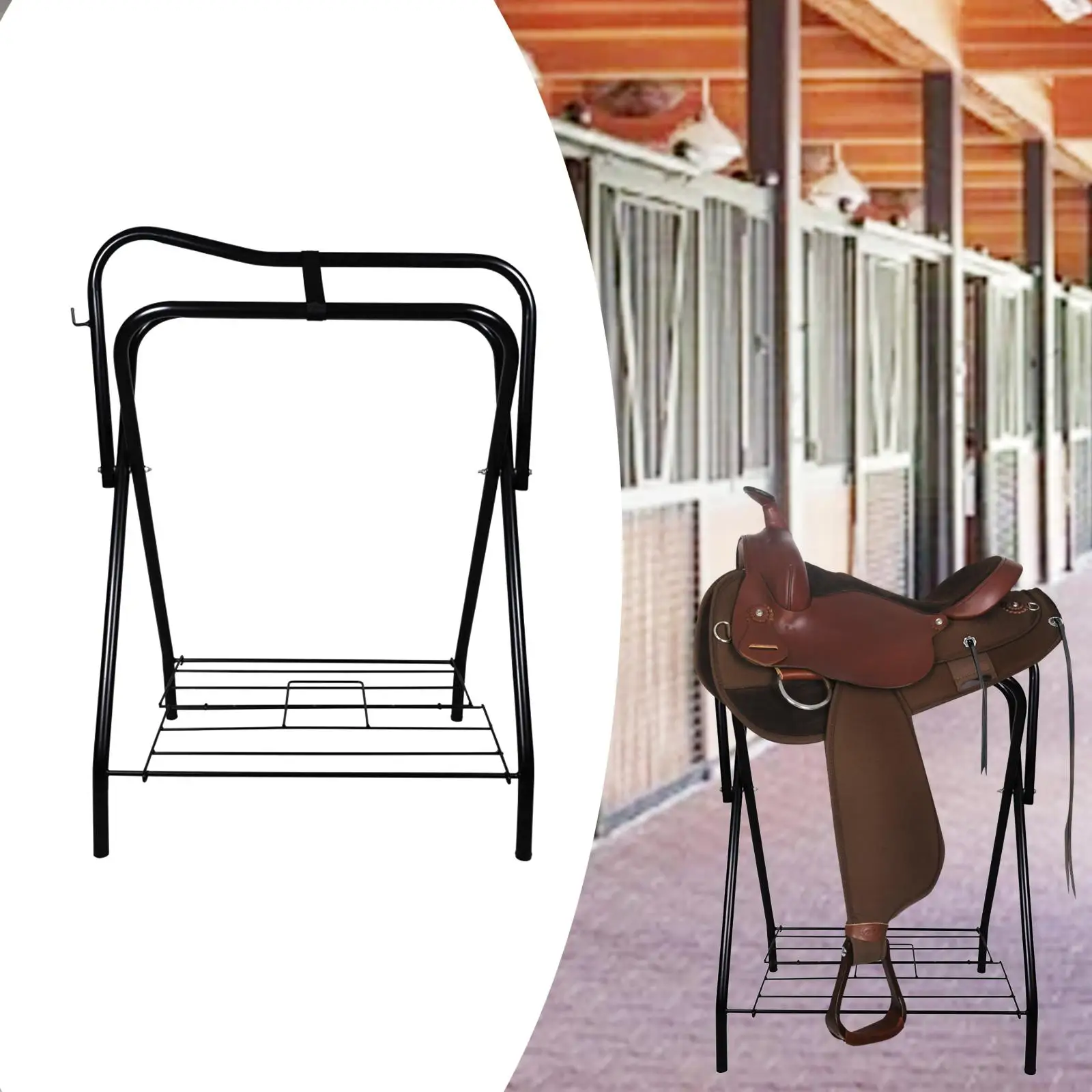 

Portable Saddle Rack Folding Saddle Stand Iron Equestrian Accessories Heavy Duty Standing Saddle Holder for Tack Room Farm Barn