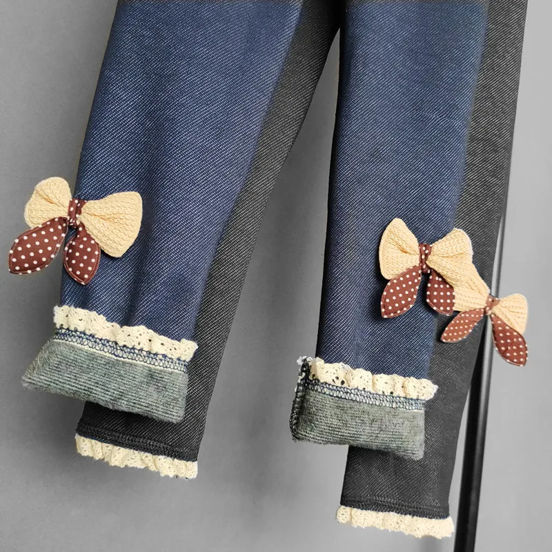 Imitation Denim Kids Girls Pant Plus Velvet Warm Lace Bow Children\'s Trousers for Autumn Winter