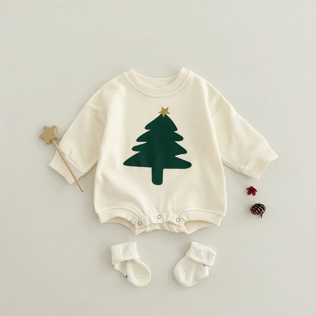 Newborn Baby Girl Christmas Romper Long Sleeve Christmas Tree/Letter Print Crew Neck Soft Casual Bodysuit Infant Boy Autumn