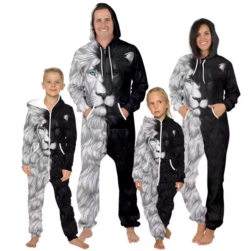 

Halloween New Parent-child Suit Clothing Black Skull Digital Printing Jacket Coat Hooded Sweater Pajamas Loose Zipper For Adult