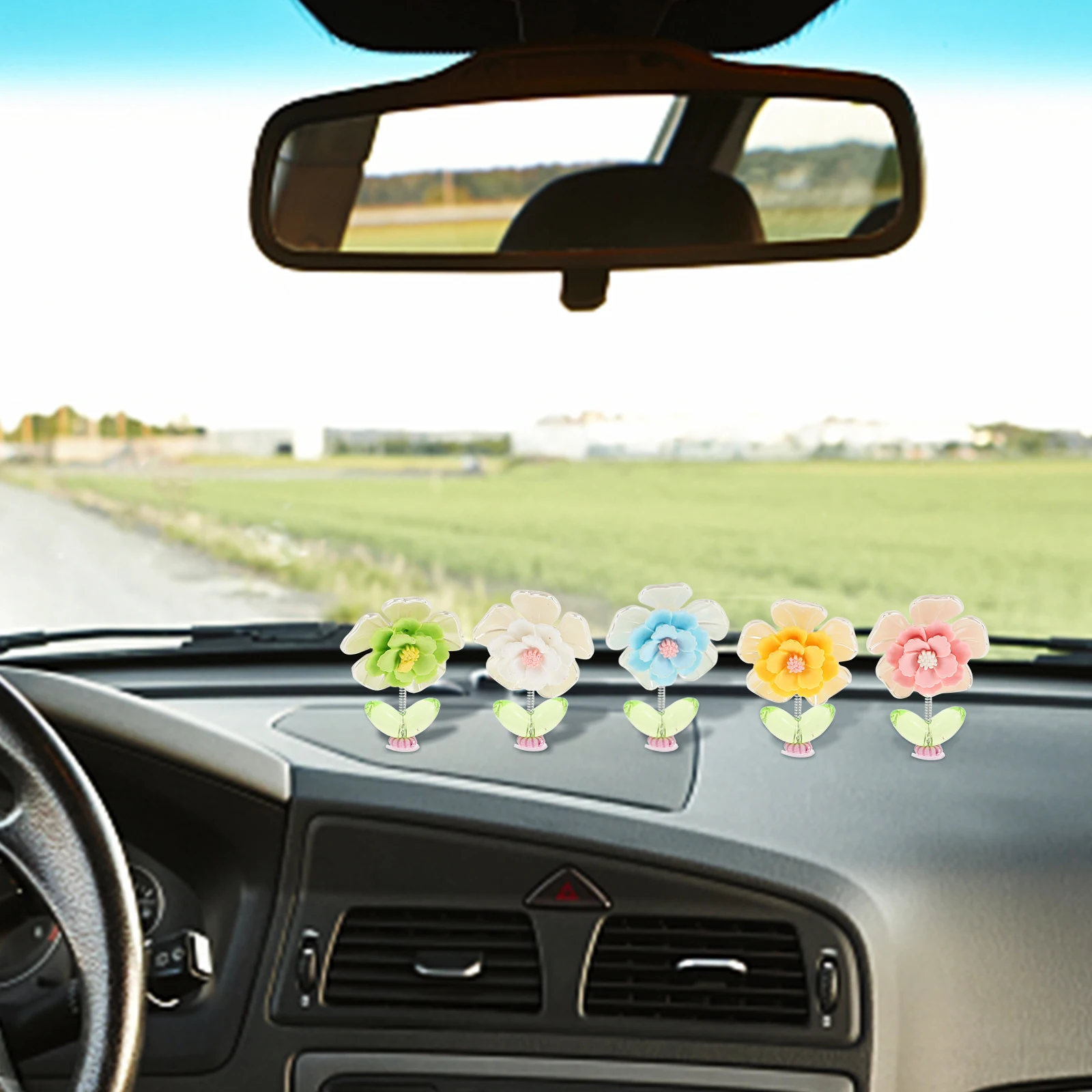 

5PCS Car-mounted Shaking Head Flower Dashboard Sunflower Interior Accessories Resin Car Decorations Women Adorable Creative