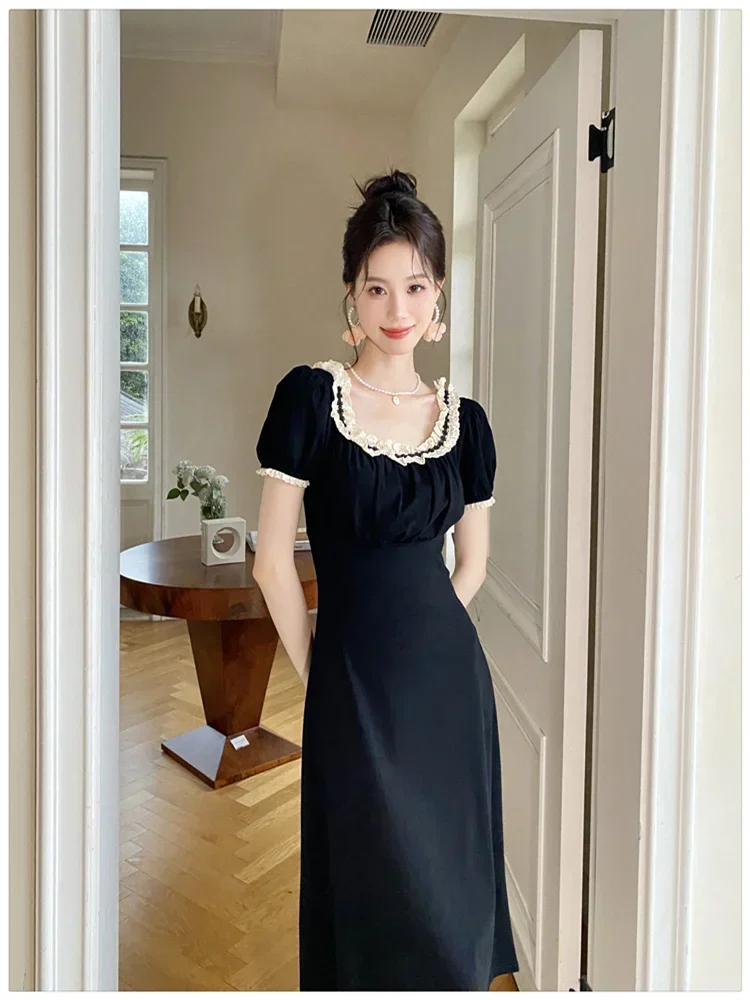 French Retro Black Dress for Ladies 2024 New Elegant High Waist Lace Ruffled Collar Backess Midi Dress Vintage Seath Party Dress