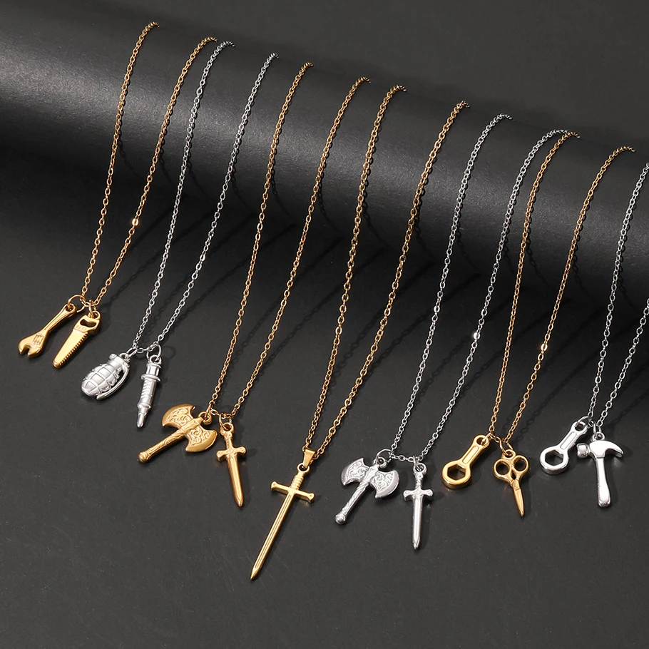 1Pc Stainless Steel Vintage Hammer Saw Rock Pendant Grunge Necklaces Hip Hop Wrench Tool Sword Cross Cool Men Collares Jewelry