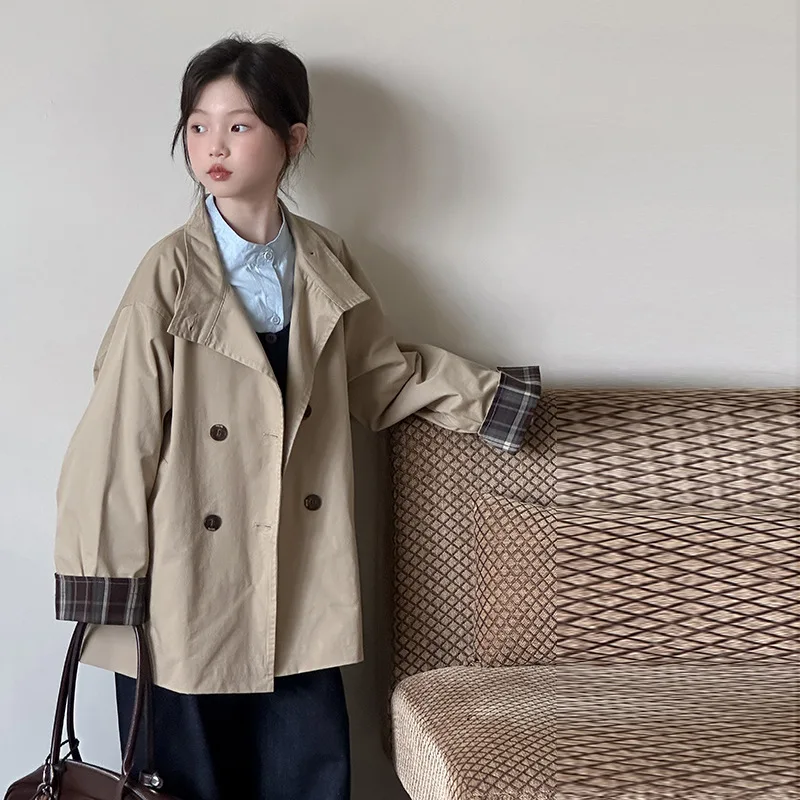 2025 Autumn New Kids Coats Girls Trench Coat Korean Edition Children's Long Sleeve Checkered Splicing Windbreaker Coat