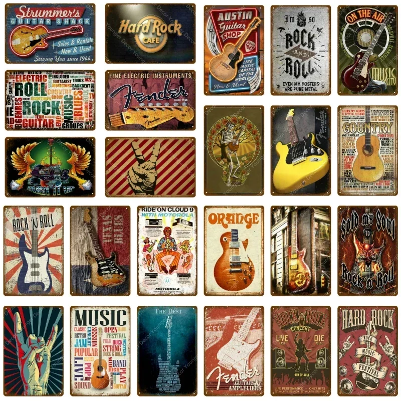 Music Guitar Pop Band Metal Sign Bar Cafe Wall Plate Painting Rust Shabby Tin Sign Decoration Art Plaques Print Iron Plate Sign
