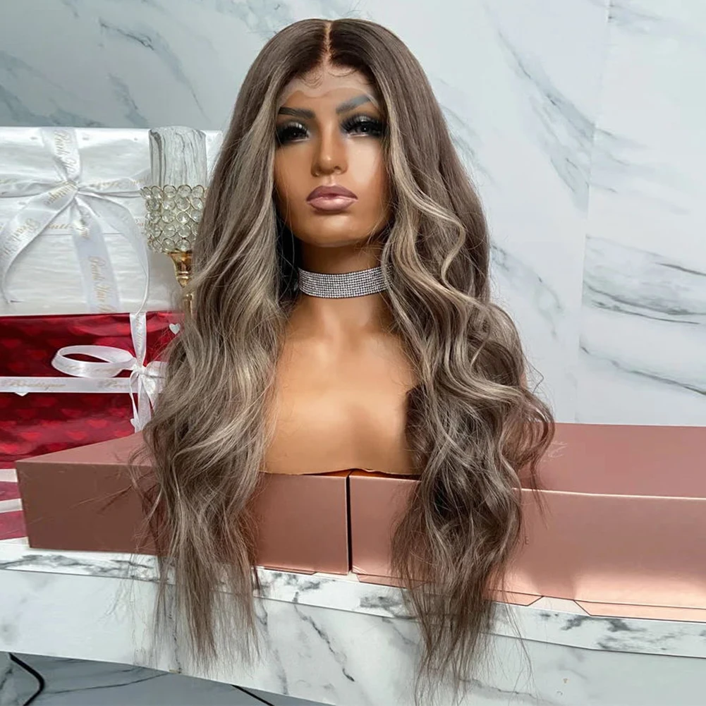 Wig Renda Penuh Pirang Abu Gelap HD Swiss 13X6 Rambut Remy Pra Pencabutan Wig Rambut Manusia Depan Renda Disorot Bergelombang untuk Wanita 180%