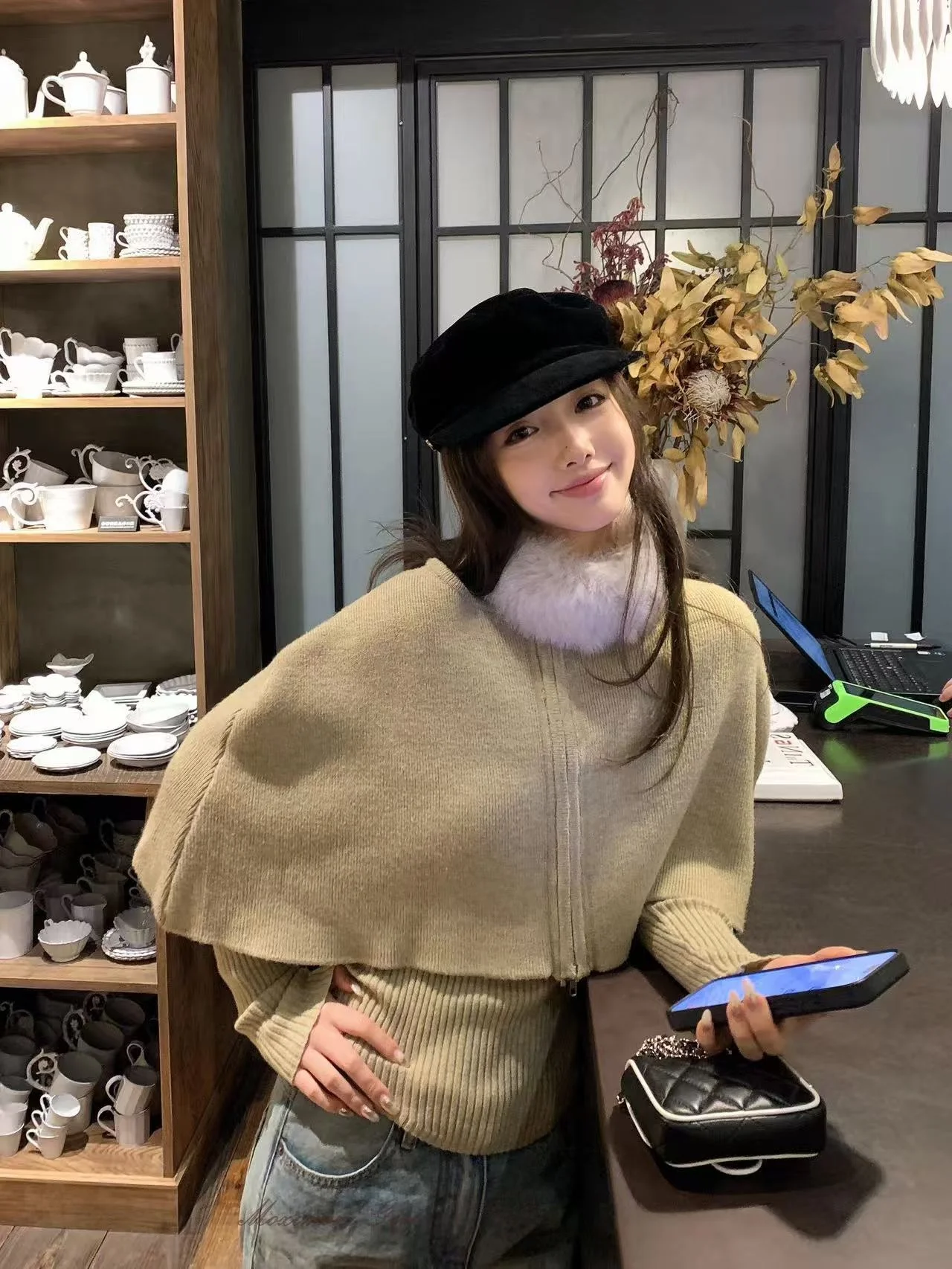 

Женский вязаный свитер MOXI с отстегивающимся меховым воротником, на молнии, тонкий, однотонный, для ранней осени