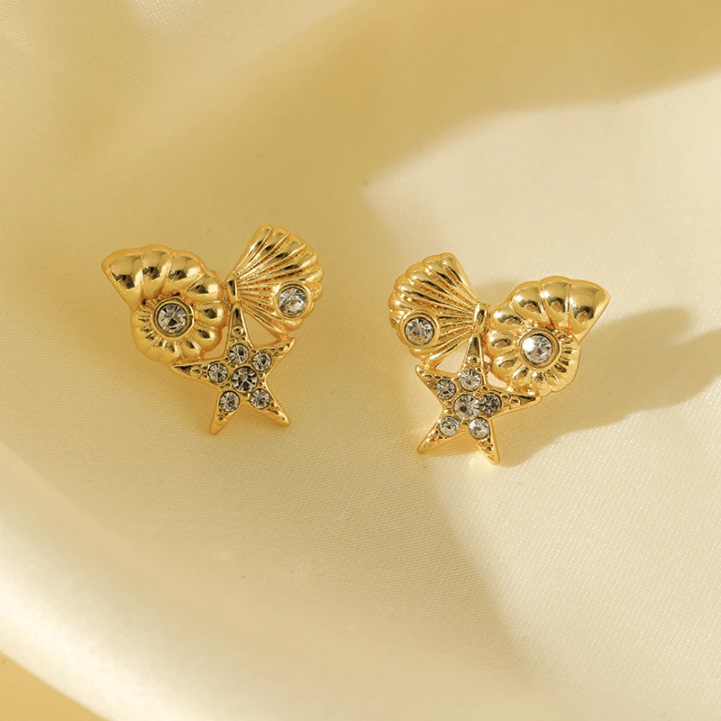 EILIECK 316L Stainless Steel Starfish Shell Zircon Stud Earrings For Women Fashion Waterproof Ear Jewelry Girls Gift Bijoux