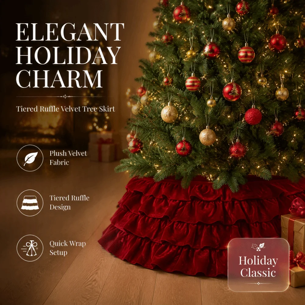 Round Christmas Tree Skirts Foldable Vintage Xmas Tree Pleated Skirts Soft Elegant Christmas Tree Collar Family Holiday